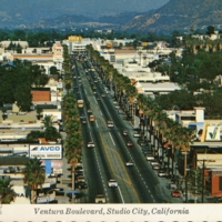 Aerial view of Ventura Blvd. looking east toward Laurel Canyon Blvd., Studio City, CA.