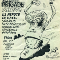 Flyer for punk rock event with Agression, Youth Brigade, Sin 34, Ill Repute, Dr. Know, Stäläg 13, False Confession, Ground Zero, Vengeance, Suspicion