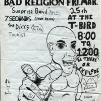 Flyer for P.U.N.X Bad Religion,”Surprise Band,” 7 Seconds, The Dicks, and Tourist