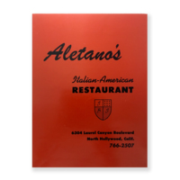 Menu from Aletano’s Italian-American Restaurant, North Hollywood, CA.