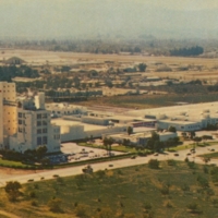 Blurry wide-angle aerial exterior of Anheuser-Busch Brewery, Van Nuys, CA.