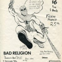 Flyer for P.U.N.X’s Bad Religion, "Surprise Band,” 7 Seconds, The Dicks, and Tourist